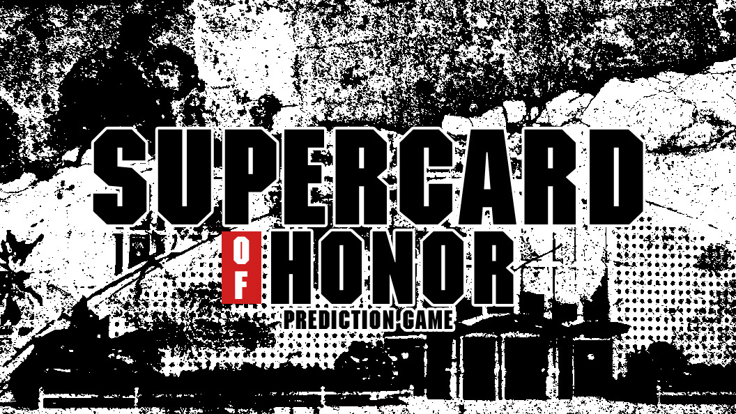 Logo for Supercard of Honor: Prediction Game in black-and-white grunge style, with a red 'OF' block.