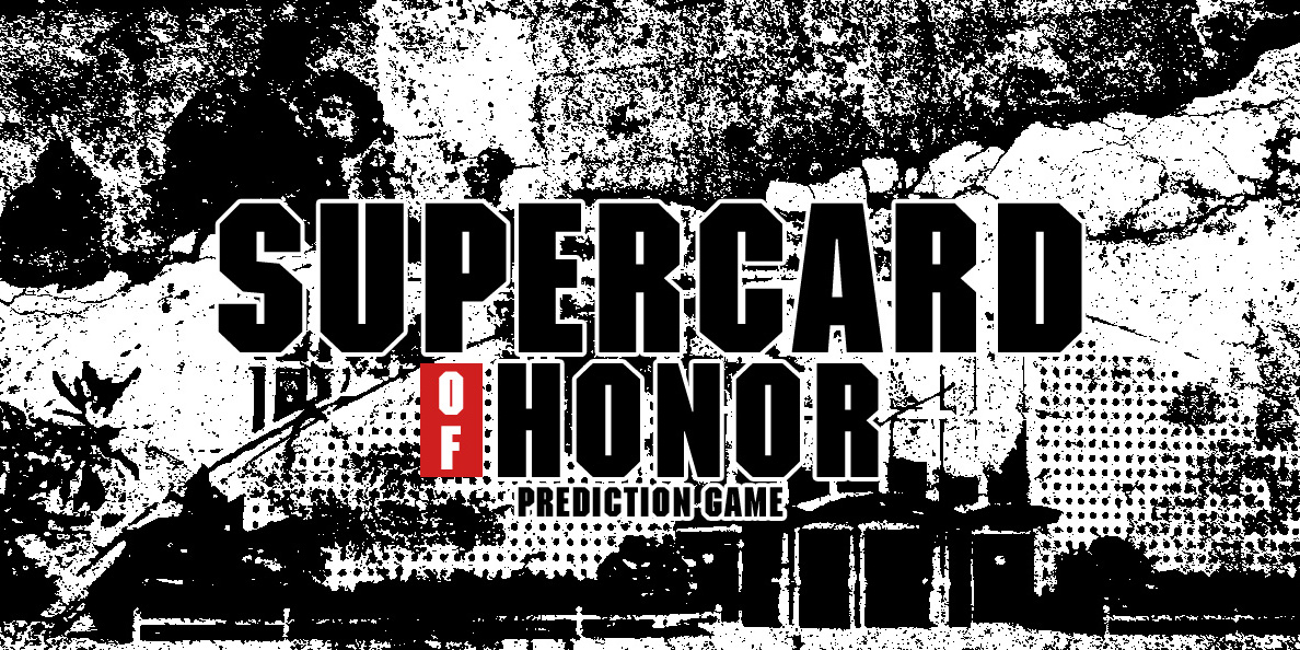 Logo for Supercard of Honor: Prediction Game in black-and-white grunge style, with a red 'OF' block.