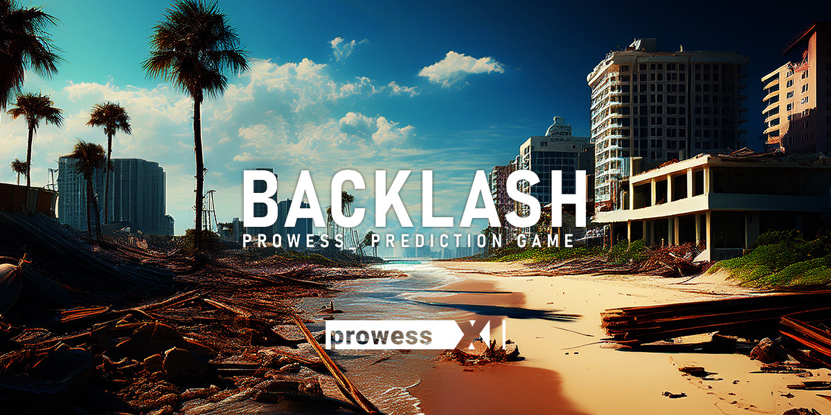 Backlash game cover: a damaged beach with debris and palm trees, city buildings in the distance, title text across the scene.