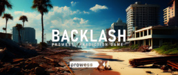 Backlash game cover: a damaged beach with debris and palm trees, city buildings in the distance, title text across the scene.