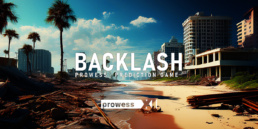 Backlash game cover: a damaged beach with debris and palm trees, city buildings in the distance, title text across the scene.