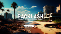 Backlash game cover: a damaged beach with debris and palm trees, city buildings in the distance, title text across the scene.